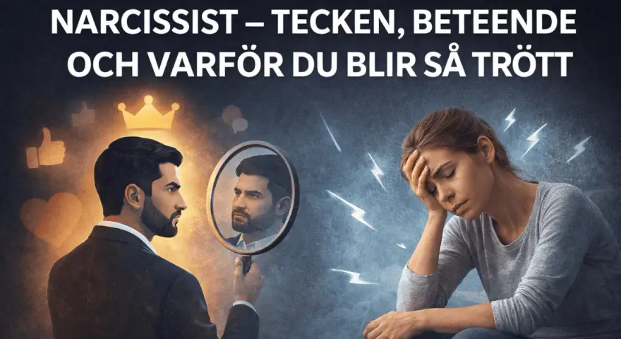 Man ser sig i spegeln, omgiven av symboler för beundran. Bredvid sitter en kvinna utmattad, omgiven av blixtar, ett tecken på narcissistiskt beteende.