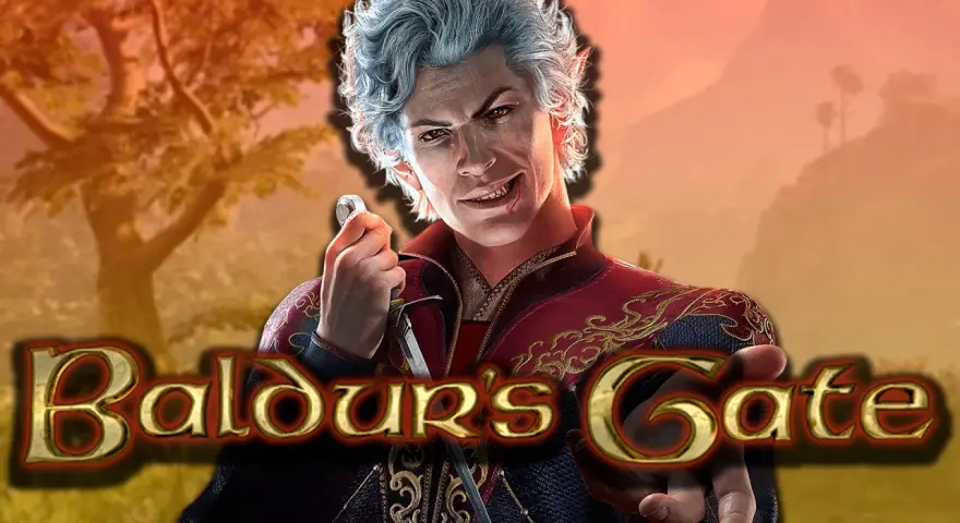 Un elfo de pelo plateado con una sonrisa maliciosa y una daga en mano, con el logo de Baldur's Gate 4.