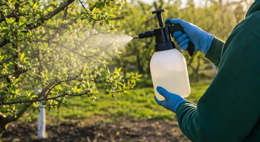 Osoba w niebieskich rękawiczkach opryskuje drzewko kwitnące, używając opryskiwacza z płynem. To może być olej parafinowy do oprysku drzew.