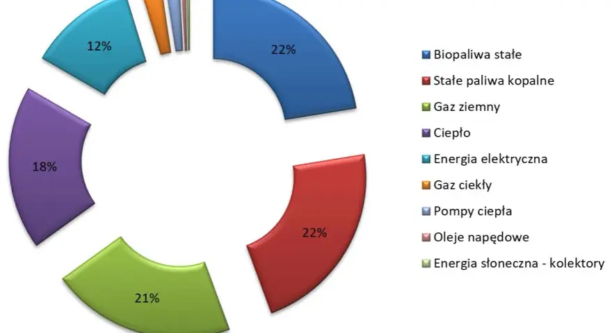 Wykres kołowy pokazuje podział energii: biopaliwa stałe (22%), ciepło (18%), gaz ziemny (21%), energia elektryczna (12%) i inne.