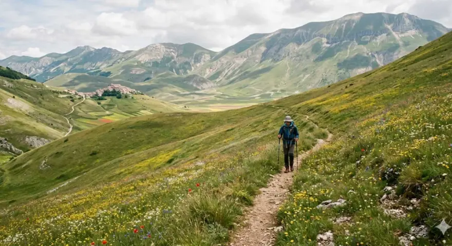 Escursionista su sentiero fiorito nel **Val di Norcia**, con borgo in lontananza e montagne verdi.