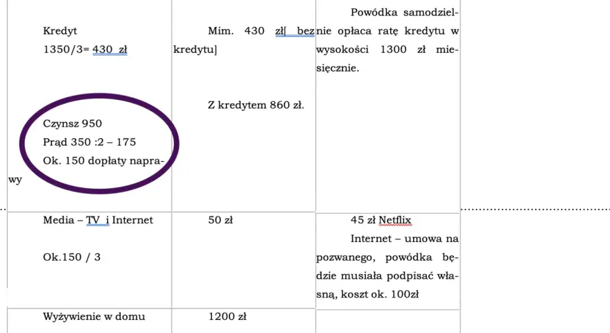 Szacowane koszty utrzymania dziecka: czynsz 950 zł, prąd 175 zł, media 50 zł, wyżywienie 1200 zł, szkoła 150 zł. Ile wynoszą alimenty na dziecko?