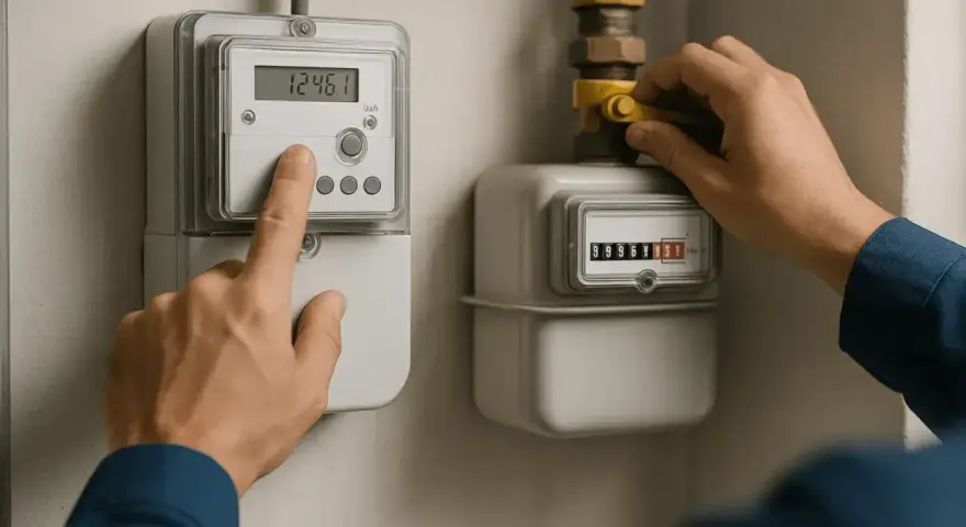 Ręka naciska przycisk licznika energii elektrycznej, obok licznik gazu. Sprawdzanie zużycia zgodnie z taryfą w3.6.