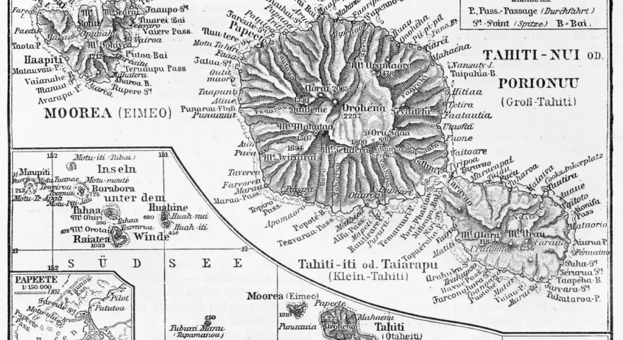 Największa wyspa Polinezji Francuskiej, Tahiti, z widocznymi górami i zatokami.