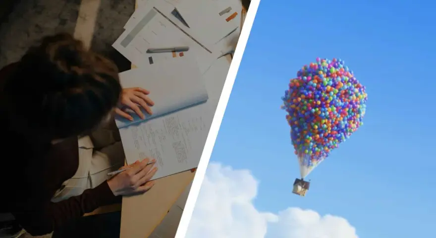 Una persona analizza una **scheda di analisi di un film** mentre una casa vola nel cielo con palloncini colorati.