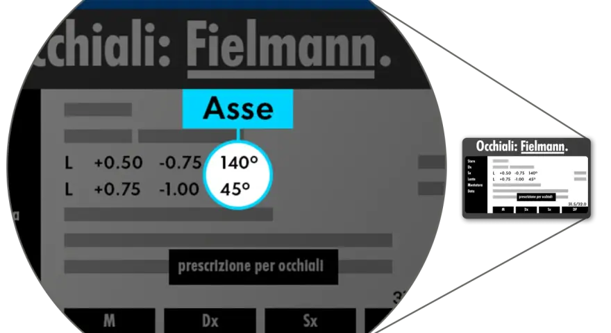 Dettagli di una prescrizione per occhiali Fielmann, con l'asse dell'occhio indicato a 140° e 45°.