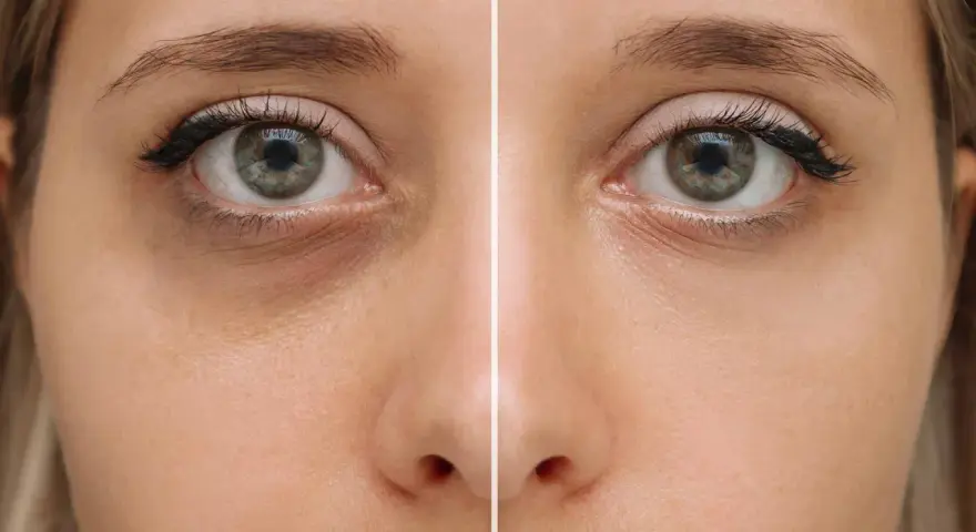Comparación de ojos: antes con ojeras vasculares oscuras y después con piel más clara y uniforme.