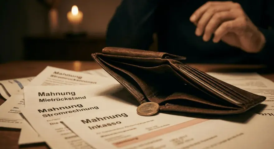 Leeres Portemonnaie mit Mahnungen und einer Münze. Das zeigt, was passiert, wenn man kein Unterhalt zahlt: Schulden und Inkasso.