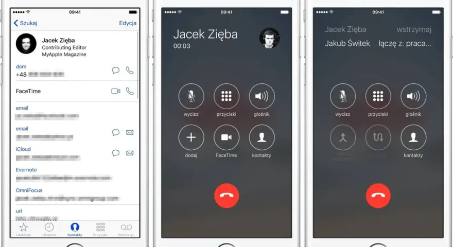 Trzy ekrany iPhone'a pokazujące kontakt i rozmowę. Dowiedz się, jak włączyć nagrywanie rozmów w telefonie.
