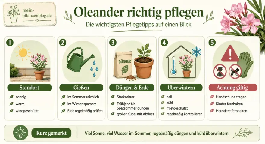 Infografik zur Oleander pflege: Standort, Gießen, Düngen & Erde, Überwintern und Giftigkeit. Sonne, Wasser, Dünger und kühles Überwintern sind wichtig.
