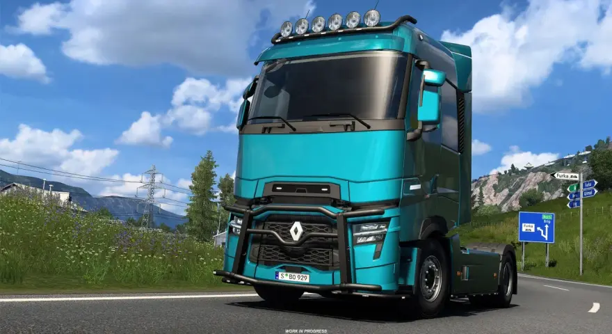 Turkusowa ciężarówka w Euro Truck Simulator 2 PS5 na górskiej drodze.