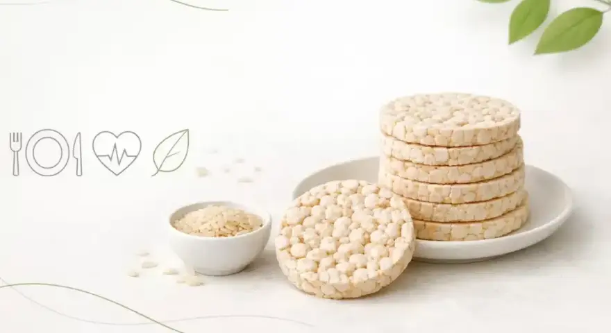 Stos zdrowych wafli ryżowych, miseczka ryżu i ikony zdrowego stylu życia. Niskie wafle ryżowe kcal.