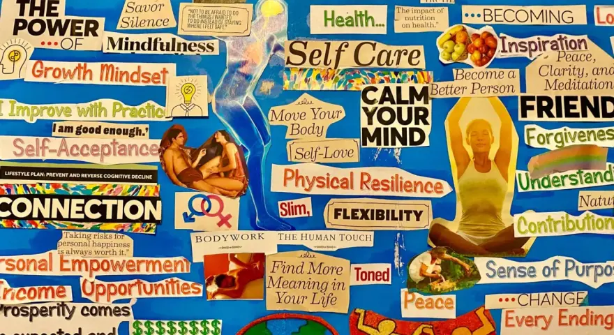 Vision board with "Mind," "Body," and "Spirit" sections, featuring keywords like "Mindfulness," "Self-Care," "Inspiration," and "Personal Empowerment," reflecting board member titles for a wellness organization.