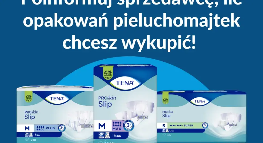 Pieluchomajtki TENA ProSkin Slip w różnych rozmiarach. Dowiedz się, jak obliczyć refundację pieluchomajtek, informując sprzedawcę o liczbie opakowań.