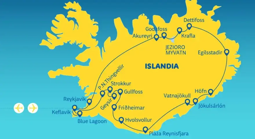 Mapa Islandii z trasą turystyczną "Złoty Krąg" i innymi atrakcjami, w tym wodospadami i gejzerami.