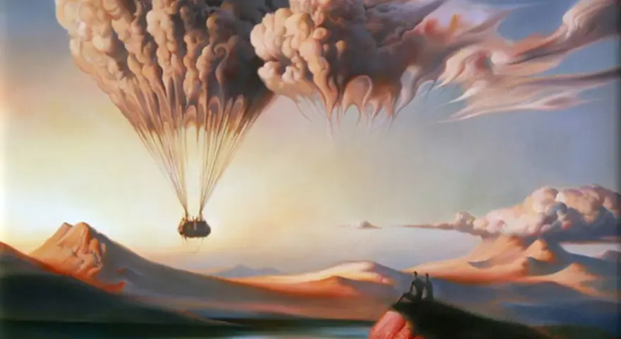 Un ballon en forme de cœur s'élève au-dessus d'un paysage onirique, évoquant le symbolisme du voyage et de l'amour. Deux silhouettes contemplent la scène.