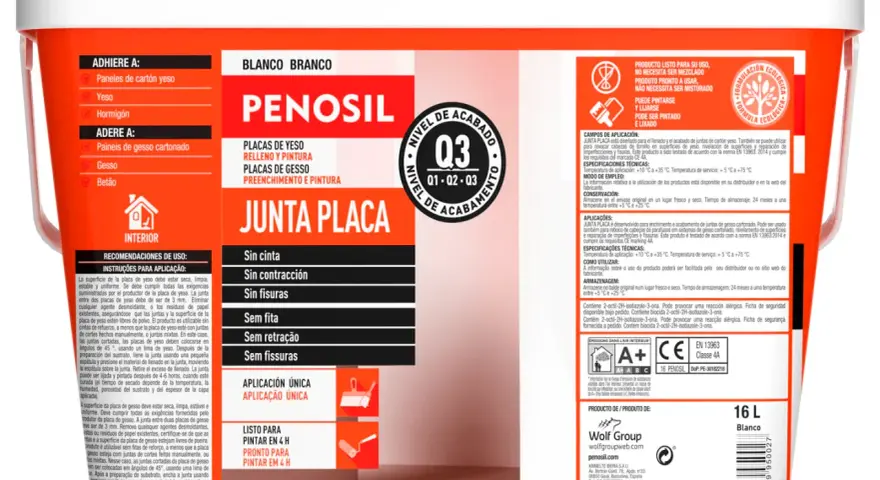 Pintura para juntas de pladur sin rebaje, ideal para rellenar y acabar juntas de cartón yeso, lista para pintar en 4 horas.