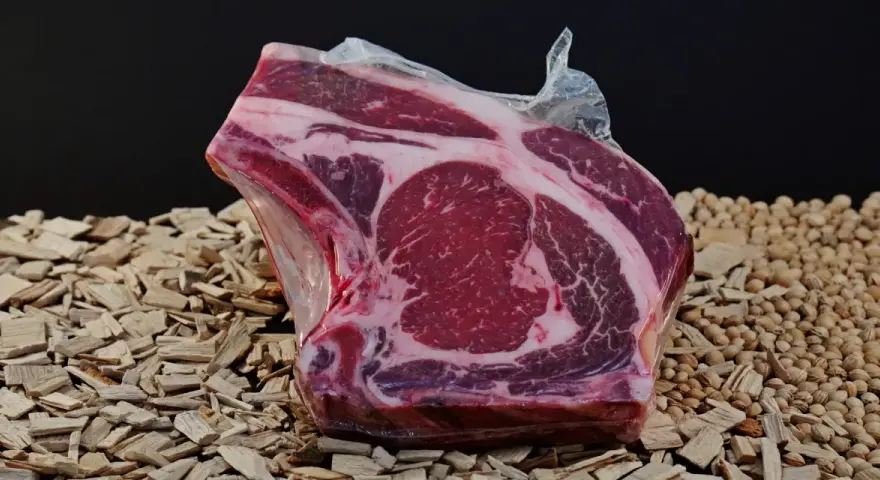 A vacuum-sealed raw beef steak with marbling sits on a bed of wood chips and small nuts.