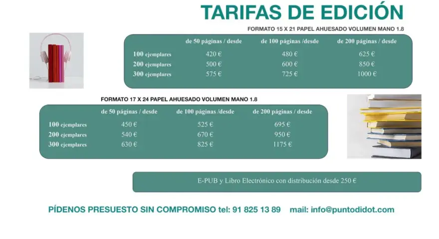 Tabla de tarifas de edición de libros. Averigua cuanto cuesta registrar un libro según formato y número de páginas.