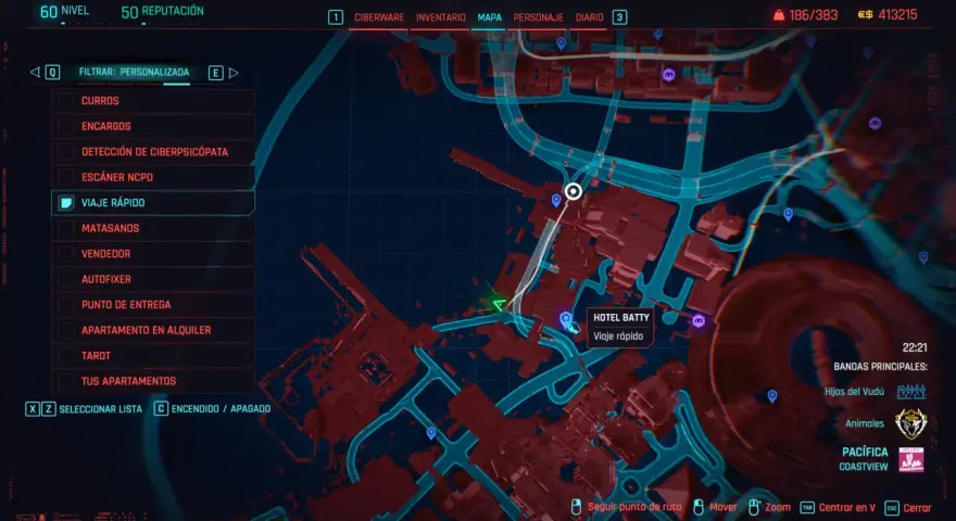 Mapa de Night City con el menú de "Viaje Rápido" abierto, listo para desbloquear trofeos de Cyberpunk 2077.