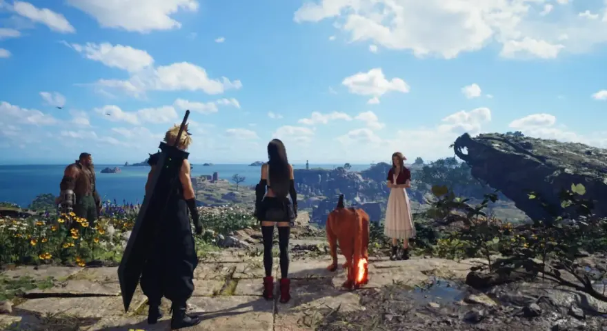 Cloud, Tifa, Aerith y Red XIII contemplan un paisaje costero. Un vistazo a la aventura de FF7 Rebirth.