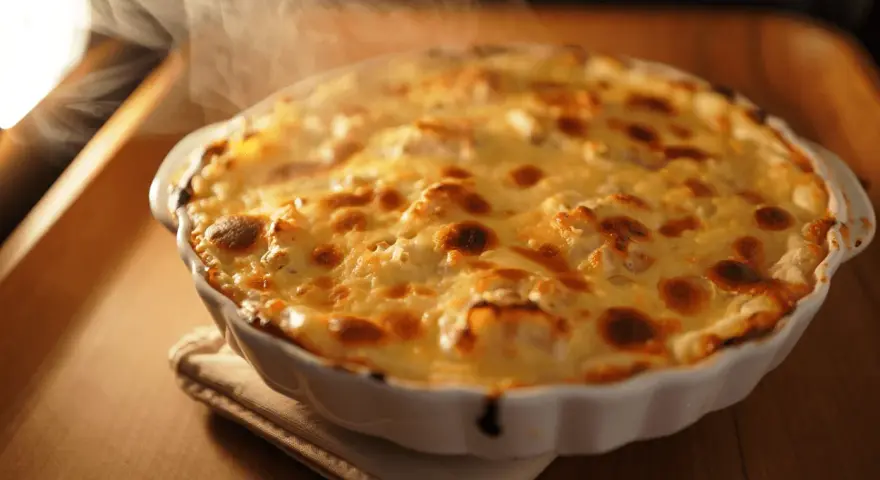 Delicioso bacalao gratinado con alioli, humeante y listo para servir.