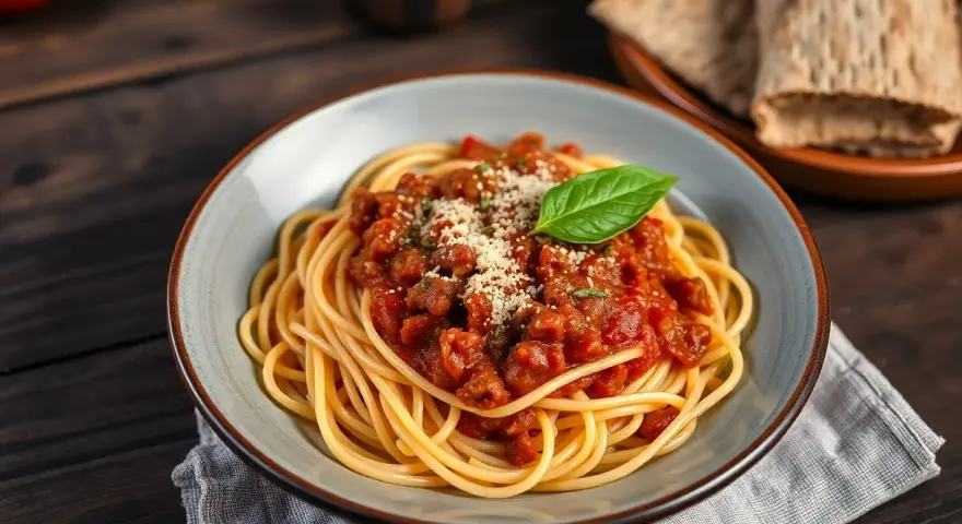 Pyszne spaghetti bolognese, przygotowane według oryginalnego przepisu, z bogatym sosem mięsnym i listkiem bazylii.