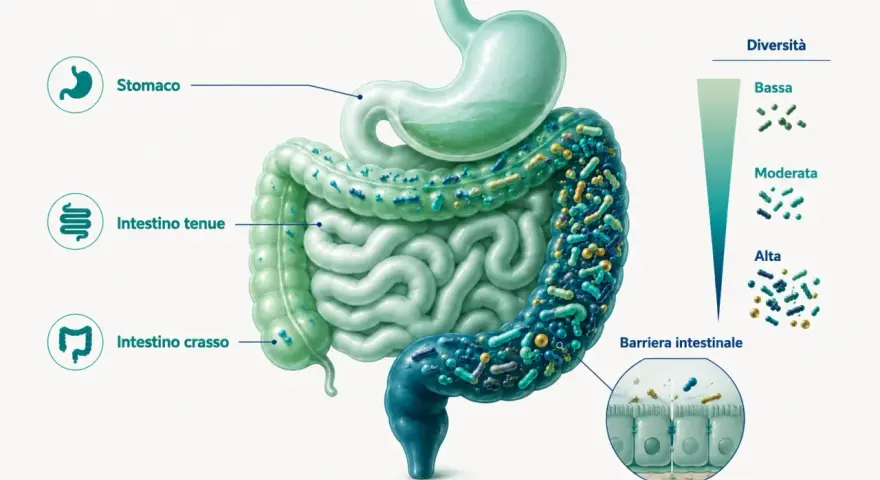 Illustrazione del sistema digestivo con batteri. I probiotici a cosa servono? Aumentano la diversità batterica intestinale, rafforzando la barriera.