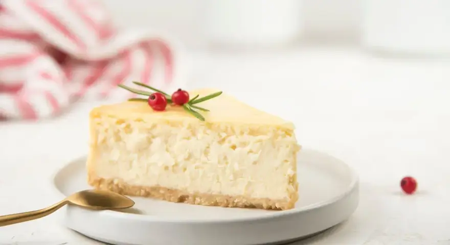 Una fetta di cheesecake con yogurt greco, guarnita con rosmarino e bacche rosse, su un piatto bianco con cucchiaino dorato.