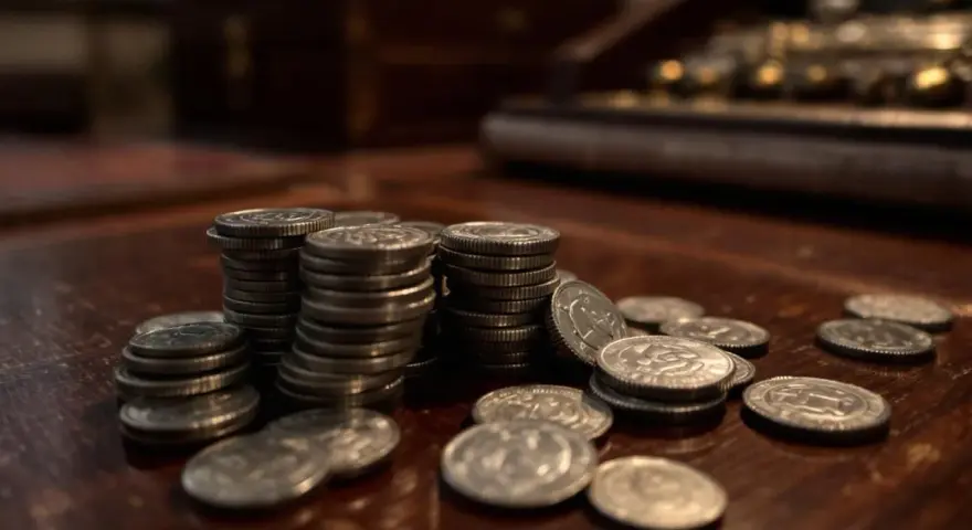 Piles de pièces en argent sur une table en bois. La valeur pièce 100 francs argent est visible sur certaines.