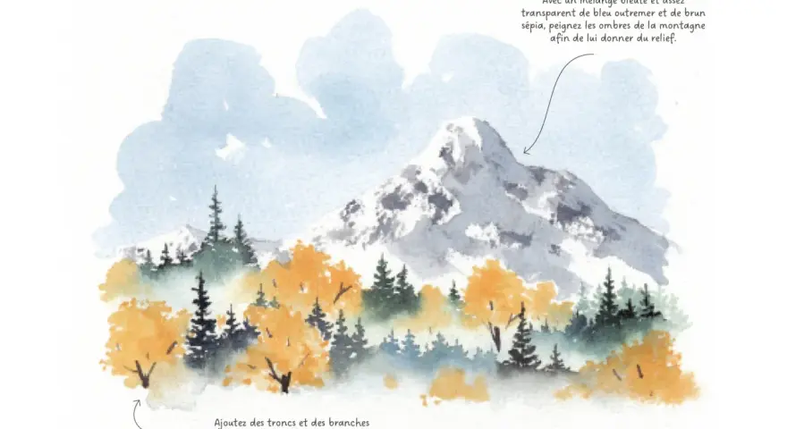 Peinture d'un paysage de montagne avec des arbres aux couleurs d'automne. Le dessin utilise des tons bleus et sépia pour créer de la profondeur.