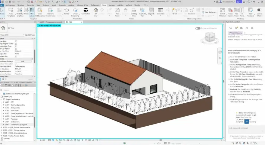 Projekt domu w programie Revit, widok 3D. Na ekranie widać okno programu, panel właściwości i przeglądarkę projektu. To zaawansowane narzędzie do projektowania, podobne do AutoCAD na MacBooku.