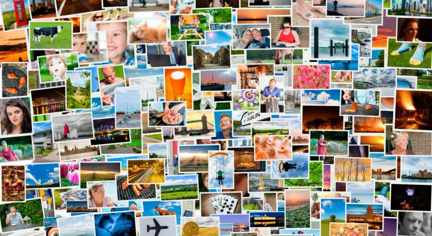 En samling bilder att analysera: en ko, en röd telefonkiosk, en ölsejdell, en bro och en pojke som ler.
