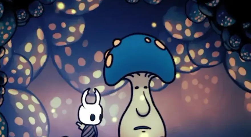 El Caballero se encuentra con el señor seta en un bosque bioluminiscente de Hollow Knight.