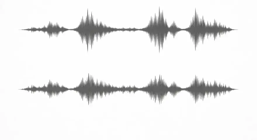 Dwa wykresy fal dźwiękowych pokazują duży **dynamic range** – od cichych fragmentów po głośne szczyty.