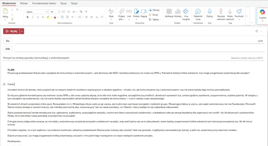 E-mail z propozycją przetestowania Slacka jako narzędzia komunikacji z wolontariuszami. Jak napisać maila w sprawie pracy bez ogłoszenia, gdy szukamy nowych rozwiązań.