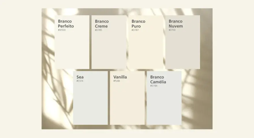 Carta de colores NCS blancos: Branco Perfeito, Creme, Puro, Nuvem, Sea, Vanilla y Camélia.