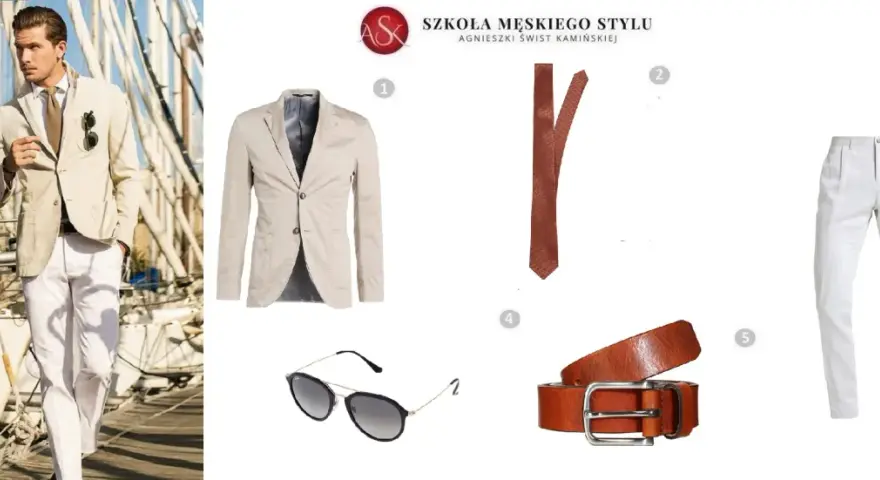 Eleganckie stylizacje z białymi spodniami: beżowa marynarka, brązowy krawat, pasek i okulary tworzą letni look.