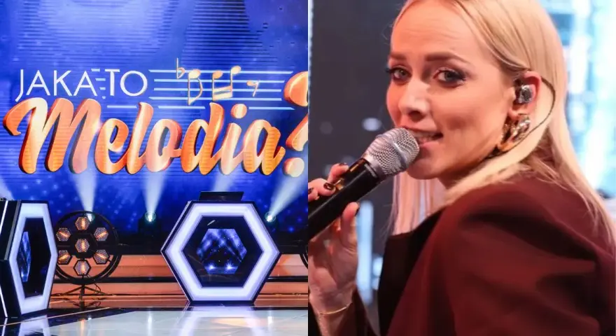 Ola Radwan śpiewa w programie "Jaka to melodia?". Na scenie widać neonowe dekoracje i logo programu.
