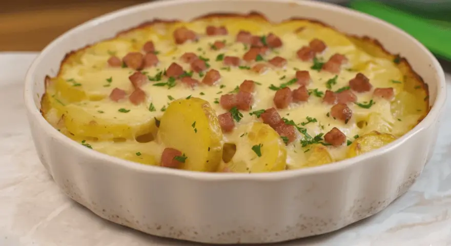 Truffade au four, un plat réconfortant de pommes de terre gratinées, parsemé de lardons et de persil frais.
