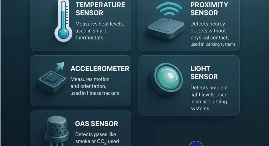 An IoT device example: temperature, proximity, accelerometer, light, and gas sensors, each with unique functions for smart homes and systems.
