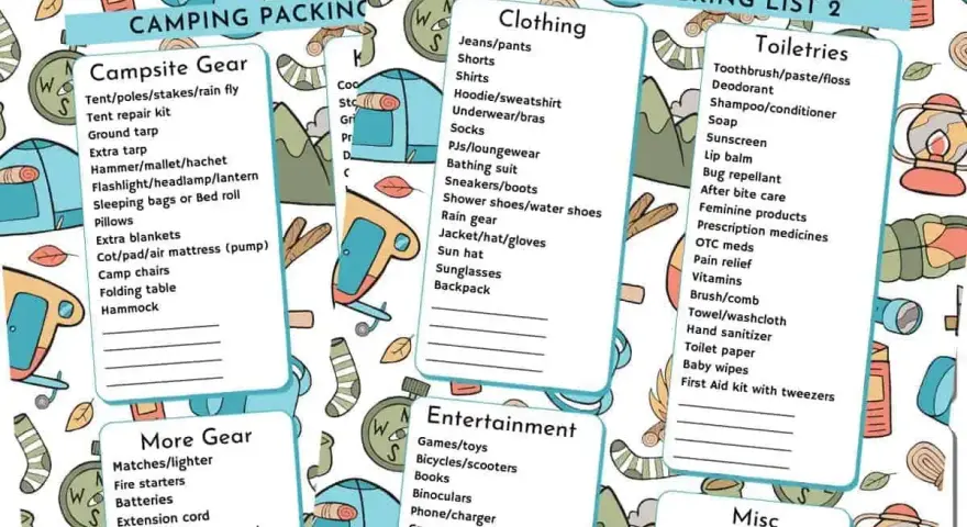 A camping packing list with sections for campsite gear, clothing, toiletries, more gear, entertainment, and misc. Essential items for a successful outdoor adventure.