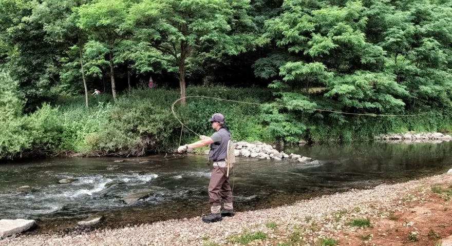 Ein Angler übt die fliegenfischen wurftechnik an einem Fluss. Die Schnur bildet einen eleganten Bogen in der Luft.