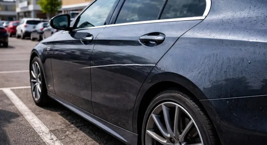 Ciemny samochód na parkingu z widocznym, długim, nieświadomym zarysowaniem na drzwiach.