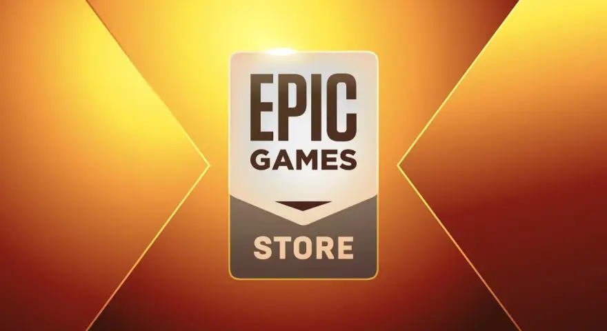 Logo Epic Games Store na tle gradientu pomarańczowo-żółtego. Czekają na Ciebie epic games darmowe gry!