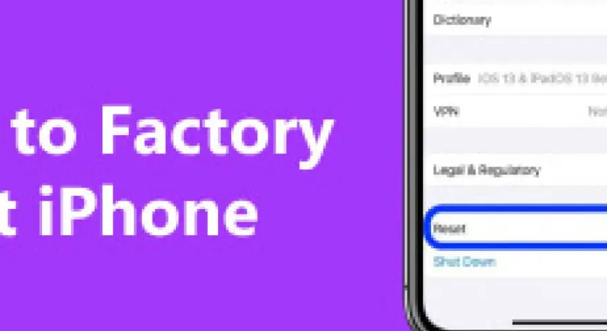 Ekran iPhone z zaznaczoną opcją "Reset" na fioletowym tle z tekstem.