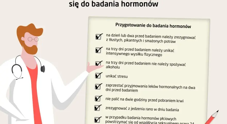 Lekarz pokazuje listę kontrolną: badania hormonalne jak się przygotować. Unikaj stresu, alkoholu i tłustych potraw.