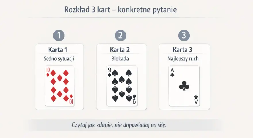 Rozkład 3 kart klasycznych: sedno sytuacji (10 karo), blokada (9 pik) i najlepszy ruch (As trefl). Twoje przeznaczenie z kart klasycznych.