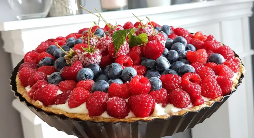 Prosta tarta z budyniem, obficie udekorowana malinami i borówkami, wygląda apetycznie.