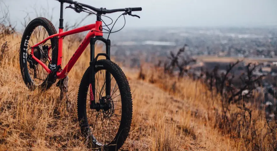 A red hardtail bike meaning adventure, rests on a dry, grassy hillside overlooking a hazy city.